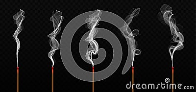 Creative vector illustration of realistic incense stick aroma with smoke isolated on transparent background. Art design Vector Illustration