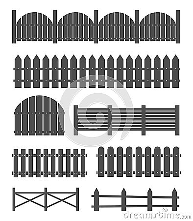 Creative vector illustration of rural wooden fences, pickets isolated on background. Art design. Garden silhouettes wall Vector Illustration