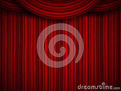Creative vector illustration of stage with luxury scarlet red silk velvet drapes and fabric curtains isolated on background. Art d Cartoon Illustration