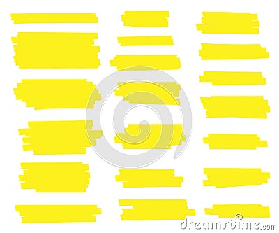 Creative vector illustration of stain strokes, hand drawn yellow highlight japan marker lines, brushes stripes isolated on transpa Cartoon Illustration