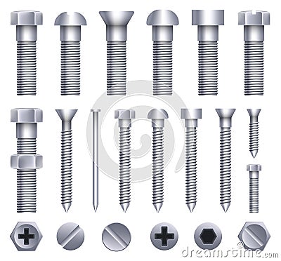 Creative vector illustration of steel brass bolts, metal screws, iron nails, rivets, washers, nuts hardware side view Vector Illustration