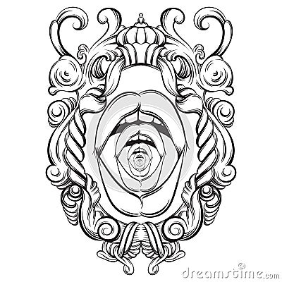 Creative vector illustration of woman mouth in baroque frame. Vector Illustration