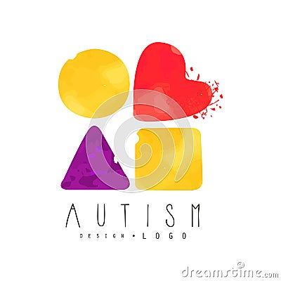 Creative vector logo with abstract textured shapes: circle, heart, triangle and square. Autism Awareness Day emblem Vector Illustration