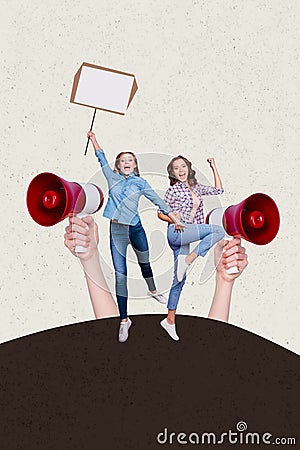 Creative vertical collage image young two girls protesting demonstration showing support against woman rights proclaim Stock Photo