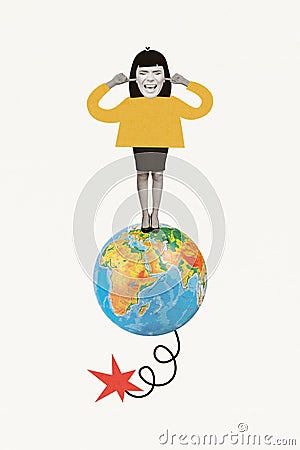 Creative vertical collage picture annoyed young girl standing huge globe earth planet closed ears ignoring loud noise Stock Photo