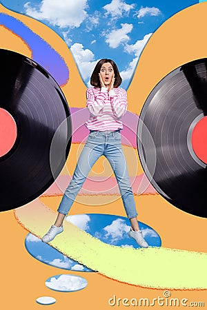 Creative vertical collage poster falling flying young shocked girl two vinyl retro records sky background Stock Photo