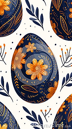 Creative vertical Easter banner with pattern of painted eggs and spring flowers. Stock Photo