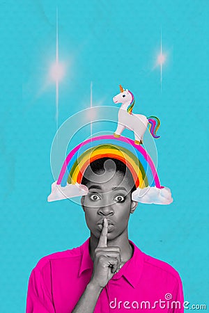 Creative vertical picture collage young frustrated scared woman colorful rainbow pony horse surreal dream imagination Stock Photo