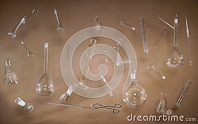 Creative and vintage setup with laboratory equipment. Stock Photo