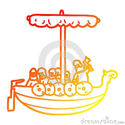 A creative warm gradient line drawing cartoon vikings sailing Vector Illustration