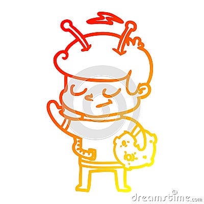 A creative warm gradient line drawing friendly cartoon spaceman holding meteor Vector Illustration