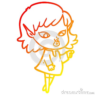 A creative warm gradient line drawing pointing cartoon elf girl Vector Illustration