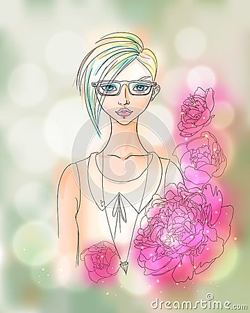 Creative Watercolor Vector Hipster Girl Portrait Vector Illustration