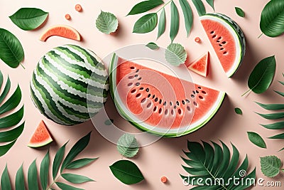 Creative watermelon layout. Summer trendy bright pattern with sliced watermelon and tropical leaves. AI Generation Stock Photo