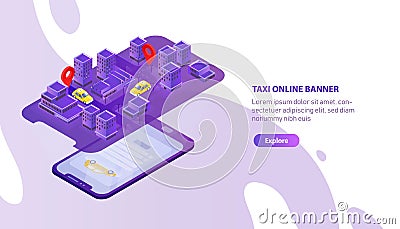 Creative web banner template with mobile phone projecting city map with taxi cabs locator. Colorful isometric vector Vector Illustration