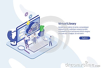 Creative web banner template with tiny people standing in front of giant computer screen and shelf of books. Virtual Vector Illustration
