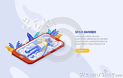 Creative web banner template with woman lying on screen of giant smartphone among many letters in envelopes. Spam and Vector Illustration