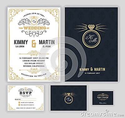 Creative wedding invitations with flourish and twirls design Vector Illustration