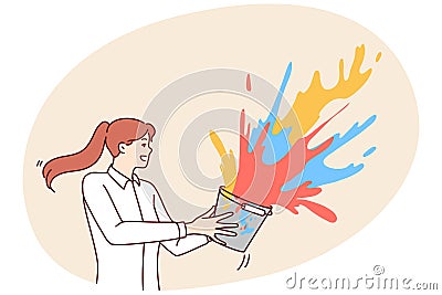 Creative woman splashes multicolored liquid paint from bucket to make world brighter. Vector image Vector Illustration