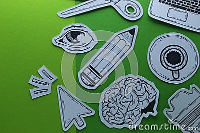 Creative Work Graphic Designer Related Tools Symbols Devices Objects Top View Conceptual Composition With Hand Draw Stock Photo