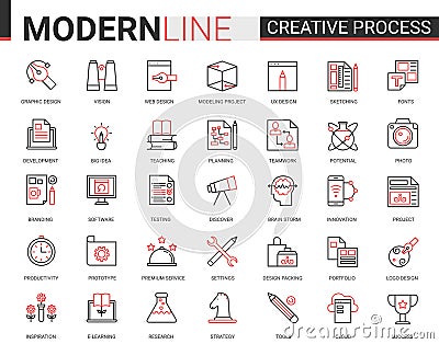 Creative work process red black outline line icons. Statistics, processing data on digital dashboard, development idea Vector Illustration