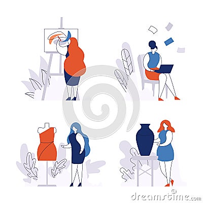 Creative work for woman set of isolated on white vector illustrations. Female fashion designer in studio, artist, girl Vector Illustration