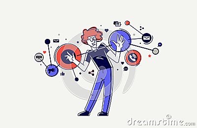 Creative worker doing some job and creating some system, inspired inventive designer or engineer composing abstract elements, Vector Illustration