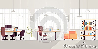 Creative workplace modern open space empty nobody office interior contemporary co-working center flat horizontal Vector Illustration