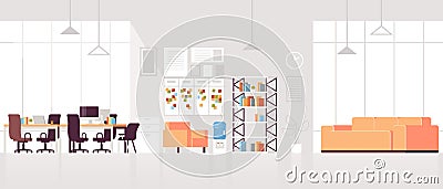 Creative workplace modern open space empty nobody office interior contemporary co-working center with lounge area flat Vector Illustration