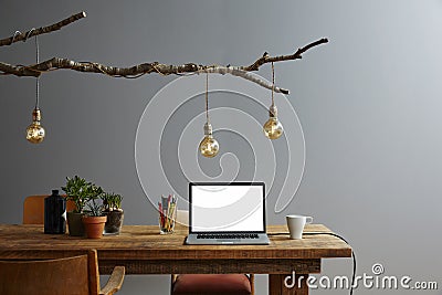 Creative workspace retro design desk organic lamp design Stock Photo