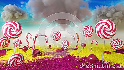 Creative world of sweet sweets. Sweet corner with cake, lollies, cookies and candy. All sweets are pink, yellow and white. 3D crea Stock Photo