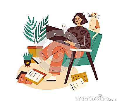 Creative writer with laptop and scattered papers around. Female author working with copies and computer. Woman creating Cartoon Illustration