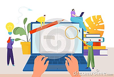 Creative writer work with laptop, writing bestseller book tiny people together hold pencil, magnifier flat vector Vector Illustration