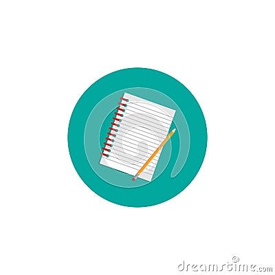 Creative writer workplace icon. note book and pencil in turquoise circle. Vector Illustration