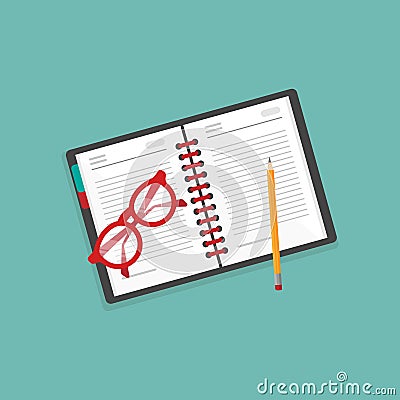 Creative writer workplace icon. note book, red glasses and pencil on blue background. copywriter life style Vector Illustration