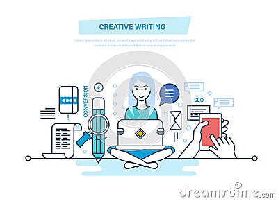 Creative writing. Copywriter and copywriting. Writing of articles and information. Vector Illustration