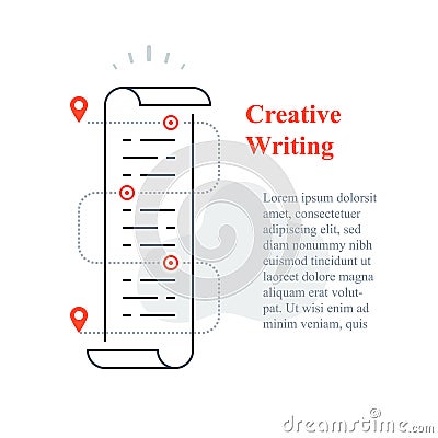 Creative writing concept, copywriting or storytelling course, paper scroll, text edit, fast reading, article content Vector Illustration