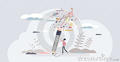 Creative writing and versatile topics author art work tiny person concept Vector Illustration