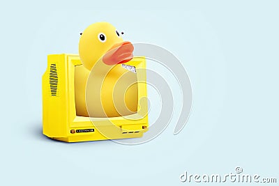 Creative yellow duck crawls out of vintage TV, the concept of mass media. Yellow press and mass video advertising, creative idea Stock Photo