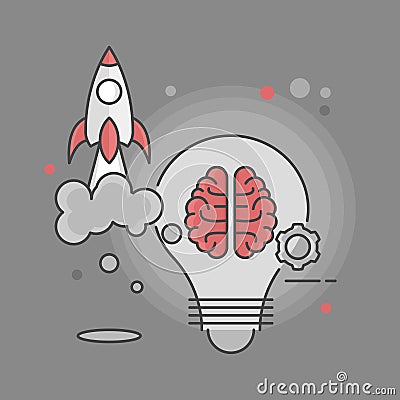 Light bulb, human brain and rocket launching illustration. Concept of creative idea. Cartoon Illustration