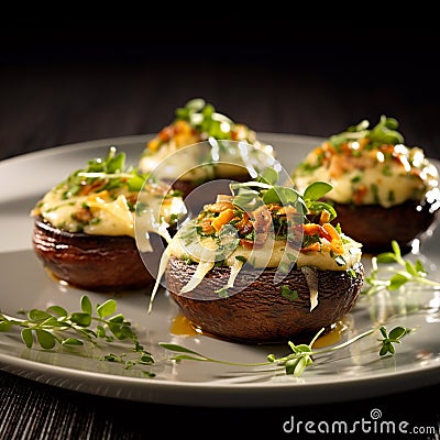 creatively arranged cheese-stuffed portobello mushrooms with vibrant cheese and herb combinations. Generative AI Stock Photo