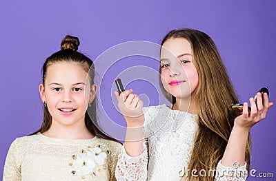 Creativity is best makeup skill. Make up school. Makeup art. Explore moms cosmetics bag concept. Salon and beauty Stock Photo