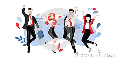 Creativity, Brainstorming, Innovation, Teamwork Concept. Group Of Happy Successful Business Adherents People Or Students Vector Illustration