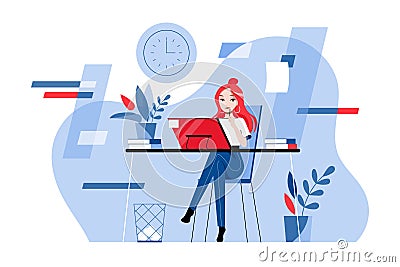 Creativity, Brainstorming, Innovation And Teamwork Concept. Smiling Secretary Businesswoman in Formal Wear Is Working On Vector Illustration