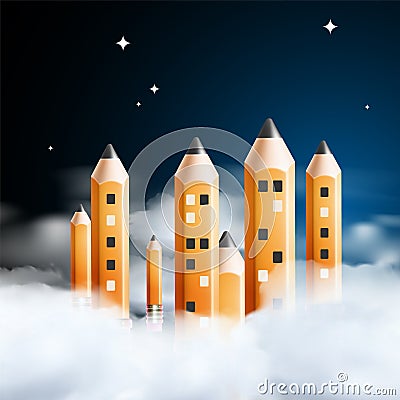 Creativity concept. Pencils like city buildings surrounded by clouds at night sky with stars Vector Illustration