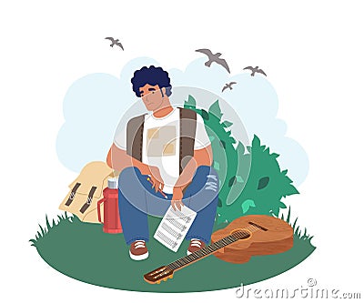 Creativity crisis, burnout. Sad musician guitarist with pencil and song musical notes, flat vector illustration. Vector Illustration