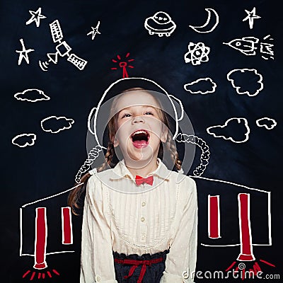 Creativity education with child girl astronaut. Stock Photo