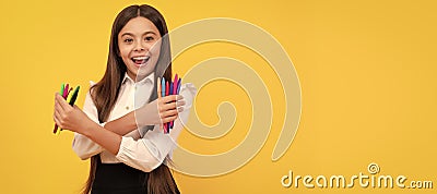 Creativity through education. Happy child hold felt-tips. Developing creativity. Artistic education. Horizontal isolated Stock Photo