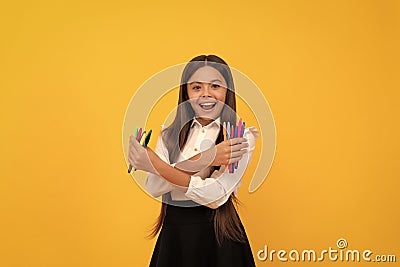 Creativity through education. Happy child hold felt-tips. Developing creativity. Artistic education Stock Photo