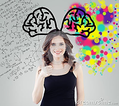 Creativity education, new ideas and right and left hemispheres of the brain concept. Smiling woman student on background with Stock Photo